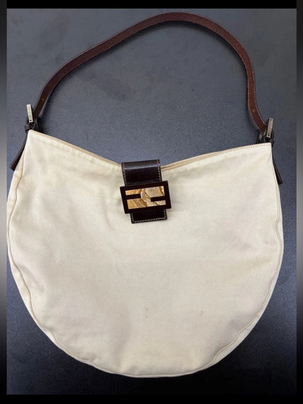 Fendi Cream Canvas Crescent Shoulder Bag with Dark Brown Trim